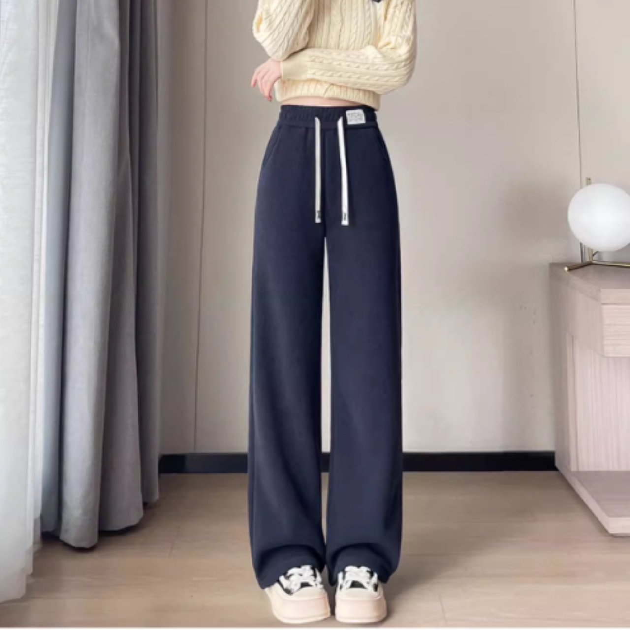 骨格ウェーブ 裏起毛 ウエストゴムワイドパンツ